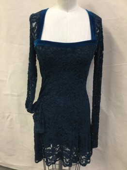 FREE PEOPLE, Gray, Teal Blue, Turquoise Blue, Rayon, Nylon, Floral, Gray with Teal Blue Floral Lace, Solid Teal Blue Lining, Large Square Neck with Teal Blue Velvet Trim, Long Sleeves, Bias Cut Short Skirt, Partial Open Back with Matching Teal Blue Velvet Trim, Pullover