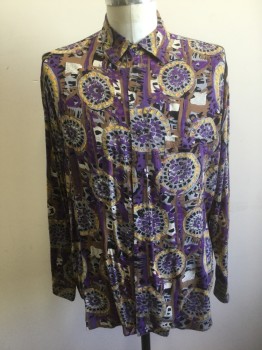SHAH SAFARI, Multi-color, Purple, Brown, Gray, Yellow, Rayon, Abstract , Funky Artsy Pattern with Abstract Medallions, Splotches on Purple Background, Long Sleeve Button Front, Collar Attached, 1 Patch Pocket,