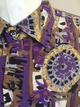 SHAH SAFARI, Multi-color, Purple, Brown, Gray, Yellow, Rayon, Abstract , Funky Artsy Pattern with Abstract Medallions, Splotches on Purple Background, Long Sleeve Button Front, Collar Attached, 1 Patch Pocket,