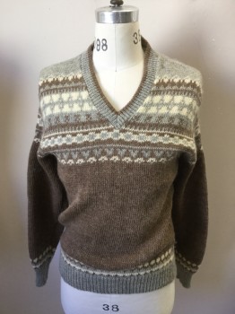 PENDLETON, Brown, White, Blue-Gray, Wool, Abstract , Stripes, Pullover, V-neck, Brown with Blue-Gray/White Abstract Stripes, Ribbed Knit Neck/Waistband/Cuff