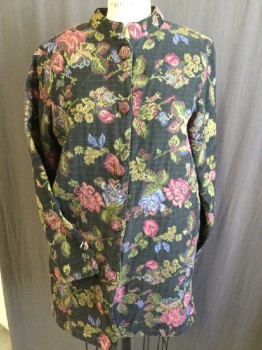 Womens, Casual Jacket, MIRASOL, Black, Pink, Gray, Blue, Goldenrod Yellow, Polyester, Cotton, Floral, M, Mandarin/Nehru Collar, Large Wooden Pink Button Front, Long Sleeves, 2 Side Pockets, and Side Split