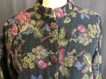 Womens, Casual Jacket, MIRASOL, Black, Pink, Gray, Blue, Goldenrod Yellow, Polyester, Cotton, Floral, M, Mandarin/Nehru Collar, Large Wooden Pink Button Front, Long Sleeves, 2 Side Pockets, and Side Split