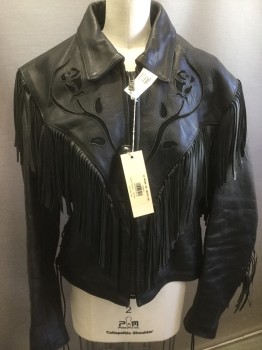 RALPH LAUREN, Black, Leather, Solid, Western Style, Zip Front, Cut Out Rose with Suede Inset, Fringe, Collar Attached, Slit Pockets, Side Lace Up, Elastic Back Waist, *HIGH PRICED ITEM* *missing Lining"
