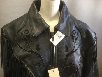 RALPH LAUREN, Black, Leather, Solid, Western Style, Zip Front, Cut Out Rose with Suede Inset, Fringe, Collar Attached, Slit Pockets, Side Lace Up, Elastic Back Waist, *HIGH PRICED ITEM* *missing Lining"
