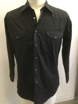 Mens, Western, PANHANDLE, Black, Cotton, Solid, M, Collar Attached, Black/silver Snap Front, Pocket Flap, Long Sleeves,