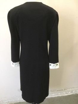 LIZ ROBERTS, Black, White, Wool, Polyester, Solid, Rib Knit, Double Breasted, Pearl/gold Buttons, Long Sleeves, White Satin Lace Like Shawl Collar and Cuffs