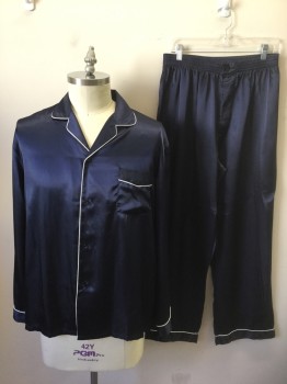 Mens, Sleepwear PJ Top, ALEXANDER DEL ROSSA, Navy Blue, White, Polyester, Solid, L, Navy Satin with White Piping Trim, Long Sleeve Button Front, Rounded  Notch Lapel, 1 Patch Pocket at Chest
