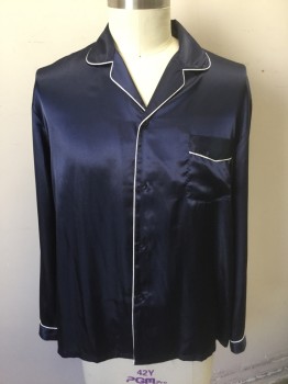 Mens, Sleepwear PJ Top, ALEXANDER DEL ROSSA, Navy Blue, White, Polyester, Solid, L, Navy Satin with White Piping Trim, Long Sleeve Button Front, Rounded  Notch Lapel, 1 Patch Pocket at Chest