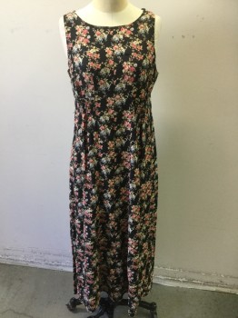 IRRESISTIBLE, Black, Rose Pink, Dusty Green, Lt Blue, Rayon, Floral, Sleeveless, Pullover, Smocked Detail at Waist,