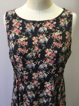 IRRESISTIBLE, Black, Rose Pink, Dusty Green, Lt Blue, Rayon, Floral, Sleeveless, Pullover, Smocked Detail at Waist,