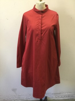 Womens, Dress, Long & 3/4 Sleeve, COS, Red, Cotton, Nylon, Solid, 4, Long Sleeve Shirt Dress, 5 Buttons at Center Front Neck, Rounded Collar, Oversized Boxy Fit, Knee Length