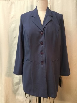 AMANDA SMITH, Periwinkle Blue, Polyester, Solid, Dark Periwinkle, Notched Lapel, Collar Attached, 4 Buttons, 2 Pockets,