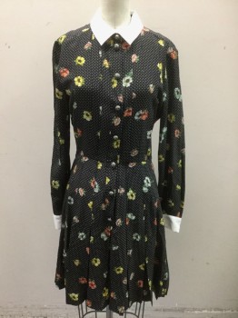 Womens, Dress, Long & 3/4 Sleeve, THE KOOPLES, Black, White, Red-Orange, Yellow, Green, Silk, Dots, Floral, S, Black with White Dots, Yellow, Red-Orange and White Flowers with Green Leaves Pattern, Long Sleeves, Solid White Collar and Cuffs, Silver Metal Embossed Buttons at Front, Vertical Pleats Across Bust, Pleated Skirt, Above Knee Length