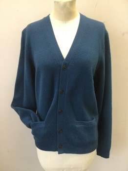Mens, Cardigan Sweater, UNIQLO, Blue, Wool, Solid, S, Dark Robins Egg Blue. Wool Knit Button Front, V.neck, Long Sleeves, 2 Pockets, Multiple