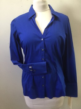 Womens, Blouse, EXPRESS, Royal Blue, Cotton, Polyester, Solid, M, Long Sleeves, Button Front, Collar Attached, French Cuff with Buckle Detail
