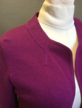 ELLEN TRACY, Magenta Pink, Wool, Silk, Solid, Knit, Long Sleeves, Open at Center Front with No Closures, Below Hip Length, 2 Pockets with Flap Closures