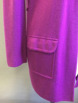 ELLEN TRACY, Magenta Pink, Wool, Silk, Solid, Knit, Long Sleeves, Open at Center Front with No Closures, Below Hip Length, 2 Pockets with Flap Closures