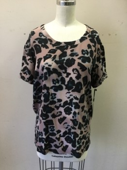 ALL SAINTS, Mauve Pink, Black, Gray, Silk, Animal Print, Abstract Animal Print, Scoop Neck, Short Sleeves, Rolled Back Cuff