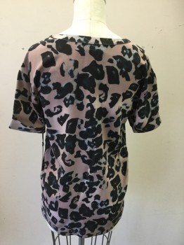 Womens, Top, ALL SAINTS, Mauve Pink, Black, Gray, Silk, Animal Print, 0, Abstract Animal Print, Scoop Neck, Short Sleeves, Rolled Back Cuff