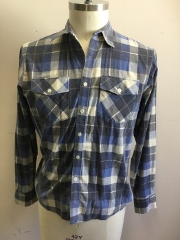 WOODLAND, Blue, Navy Blue, White, Black, Cotton, Viscose, Plaid, Flannel, Button Front, Collar Attached, Long Sleeves, 2 Flap Pockets