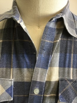 WOODLAND, Blue, Navy Blue, White, Black, Cotton, Viscose, Plaid, Flannel, Button Front, Collar Attached, Long Sleeves, 2 Flap Pockets