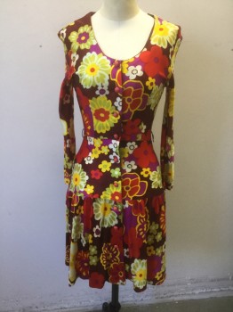 N/L, Multi-color, Red Burgundy, Red, Yellow, Chartreuse Green, Nylon, Floral, Novelty Pattern, Groovy Colorful Floral Pattern, Ribbed Nylon, Long Sleeves, Scoop Neck, Salmon Pink Buttons Down Center Front, Dropped Waist, Gathered at Dropped Waist, Knee Length, Late 1960's **Worn at Center Back Neck