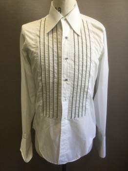 Mens, Formal Shirt, EXCELLO, White, Black, Poly/Cotton, Solid, Stripes - Vertical , Slv:35, N:15.5, Long Sleeve Button Front, Ruffled Vertical Pleats at Front with Black Scallopped Edges, Oversized Collar Attached, French Cuffs,