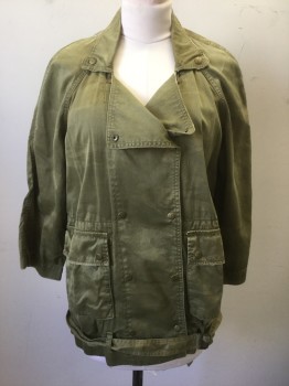 CURRENT/ELLIOT, Olive Green, Cotton, Solid, Twill, 3/4 Raglan Sleeves, Collar Attached, Double Breasted with Metal Snap Closures, 2 Large Flap Pockets with 2 Snap Closures, Belt Loops, **2 Piece with Matching Belt