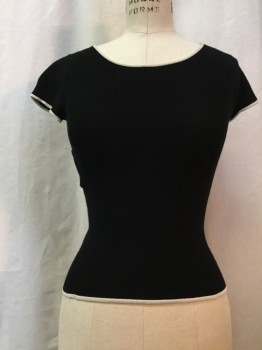Womens, Top, GIORGIO ARMANI, Black, White, Synthetic, Solid, S, Black, White Trim, Crew Neck, Short Sleeves, Ribbed