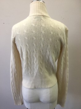RALPH LAUREN, Ivory White, Cashmere, Cable Knit, Button Front, Turtleneck, Long Sleeves,