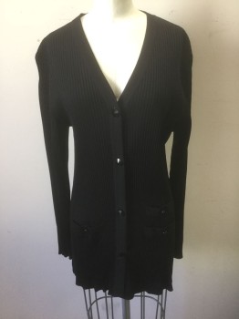 MISOOK, Black, Acrylic, Solid, Cardigan, Lightweight Rib Knit, Long Sleeves, V-neck, 4 Black Multifaceted Buttons, 3 Faux (Non Functional) Pockets with Button Accents, Vents at Side Seam Hems