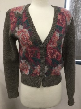 JH COLLECTIBLES, Brown, Salmon Pink, Gray, Purple, Wool, Nylon, Floral, Lambswool, Knit, Heathered, V Neck, BF, Knit Buttons, L/S, Shoulder Pads