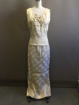 N/L, Gold, White, Synthetic, Floral, Gold Lame with White Embroidered Floral Print, V-neck, Rounded Empire Waist with Rolled Seam, Sleeveless, Zip Back, Ankle Length, Side Slit