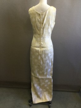 N/L, Gold, White, Synthetic, Floral, Gold Lame with White Embroidered Floral Print, V-neck, Rounded Empire Waist with Rolled Seam, Sleeveless, Zip Back, Ankle Length, Side Slit