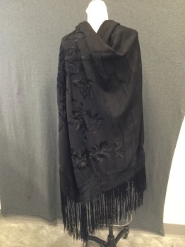 NL, Black, Rayon, Floral, Square Shawl with Rayon Lace and Tassel Trim. Floral & Butterfly Embroidery ion One Side of the of the Shawl,