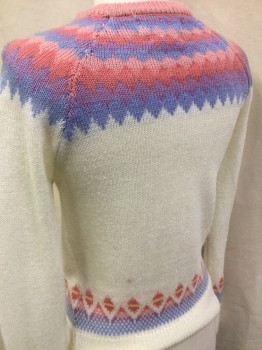 Womens, Sweater, BERRIES, Cream, Pink, Coral Orange, Blue, Purple, Acrylic, Novelty Pattern, Stripes - Horizontal , M, Long Sleeves, Crew Neck, Pullover