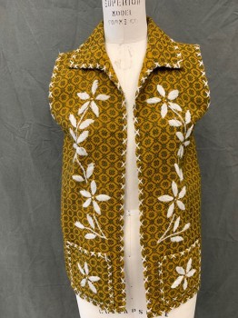 Womens, Vest, N/L, Amber Yellow, Black, White, Acrylic, Medallion Pattern, Grid , B 36, Open Front, Collar Attached, Whit Floral Embroidery, White Blanket Stitch Trim, Long,