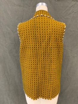 Womens, Vest, N/L, Amber Yellow, Black, White, Acrylic, Medallion Pattern, Grid , B 36, Open Front, Collar Attached, Whit Floral Embroidery, White Blanket Stitch Trim, Long,