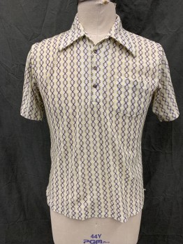 Mens, Polo Shirt, ARNOLD PALMER/ROBERT, White, Brown, Lemon Yellow, Cotton, Polyester, Zig-Zag , XL, White with Criss Cross Stitching in Brown and Yellow, Pullover, Collar Attached, 4 Button Placket, Short Sleeves,