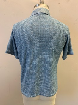 JOEL, Lt Blue, Polyester, Mottled, Waffle Knit, Placket and Collar All 1 Piece, 1 Button, 1 Pocket, Raglan Short Sleeves, *Some Threads Pulled*