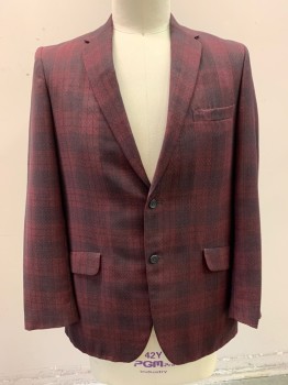 JOHN BROOKS, Red Burgundy, Black, Wool, Rayon, Plaid, Notched Lapel, Single Breasted,  Button Front, 2 Buttons, 3 Pockets