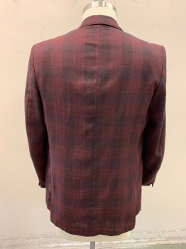 JOHN BROOKS, Red Burgundy, Black, Wool, Rayon, Plaid, Notched Lapel, Single Breasted,  Button Front, 2 Buttons, 3 Pockets