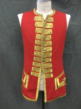 Mens, Historical Fiction Vest, MTO, Red, Gold, Cotton, Solid, 40, Brushed Red Cotton, Gold Ribbon Trim, Long Vest, Red Cotton Extends Back at Hips, 2 Flap Pockets, Sand Cotton Back, Leather Lace Up Back, Military, 1800's ***missing Most Buttons***