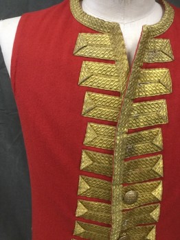 Mens, Historical Fiction Vest, MTO, Red, Gold, Cotton, Solid, 40, Brushed Red Cotton, Gold Ribbon Trim, Long Vest, Red Cotton Extends Back at Hips, 2 Flap Pockets, Sand Cotton Back, Leather Lace Up Back, Military, 1800's ***missing Most Buttons***
