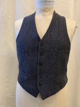 Mens, 1930s Vintage, Suit, Vest, MTO/JOHN DAVID RIDGE, Charcoal Gray, Black, Red, Wool, Stripes - Vertical , Tweed, 42, 5 Button Front, 4 Pockets, Solid Black Cotton Back with Self Back Belt,