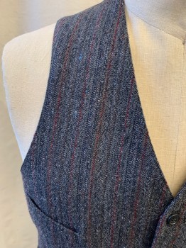 MTO/JOHN DAVID RIDGE, Charcoal Gray, Black, Red, Wool, Stripes - Vertical , Tweed, 5 Button Front, 4 Pockets, Solid Black Cotton Back with Self Back Belt,