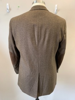 Mens, Sportcoat/Blazer, STAFFORD, Brown, Tan Brown, Dk Umber Brn, Wool, Tweed, 46L, Single Breasted, 2 Buttons,  Microfiber Elbow Patches Mimicking Suede, 3 Pockets, Center Back Vent,