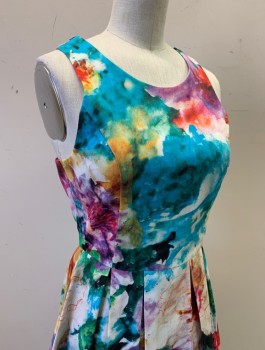 Womens, Dress, Sleeveless, FELICITY & COCO, Multi-color, White, Cotton, Floral, Abstract , XS, Watercolor Floral Print, Stretch Twill, 1.5" Wide Straps, Scoop Neck, Princess Seams, Pleated Skirt, A-Line, Hem Above Knee