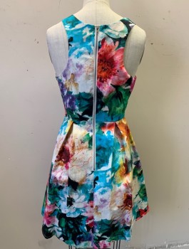 Womens, Dress, Sleeveless, FELICITY & COCO, Multi-color, White, Cotton, Floral, Abstract , XS, Watercolor Floral Print, Stretch Twill, 1.5" Wide Straps, Scoop Neck, Princess Seams, Pleated Skirt, A-Line, Hem Above Knee