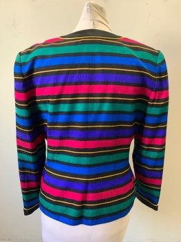ADRIANA PAPELL, Fuchsia Pink, Purple, Black, Blue, Goldenrod Yellow, Silk, Stripes - Horizontal , Snap Front with Solid Black Bow Ties, Goldenrod Piping, Long Sleeves